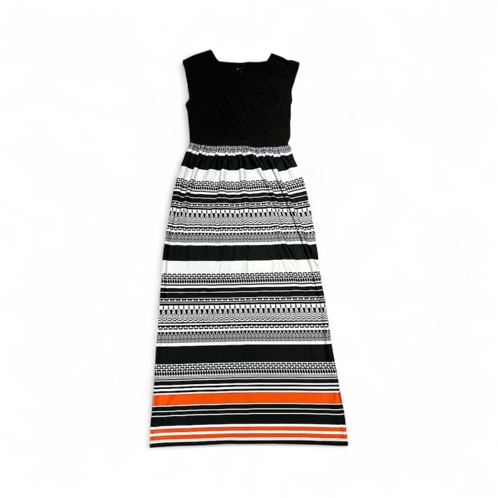 AB Studio black, white, and orange sleeveless maxi dress